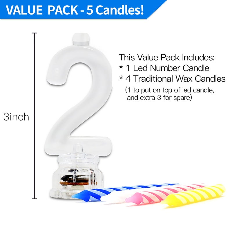 Novelty Place Birthday Number Candle Set, Flashing Multicolor Changing LED Birthday Cake Topper with 4 Wax Candles (Number 2) - Image 3